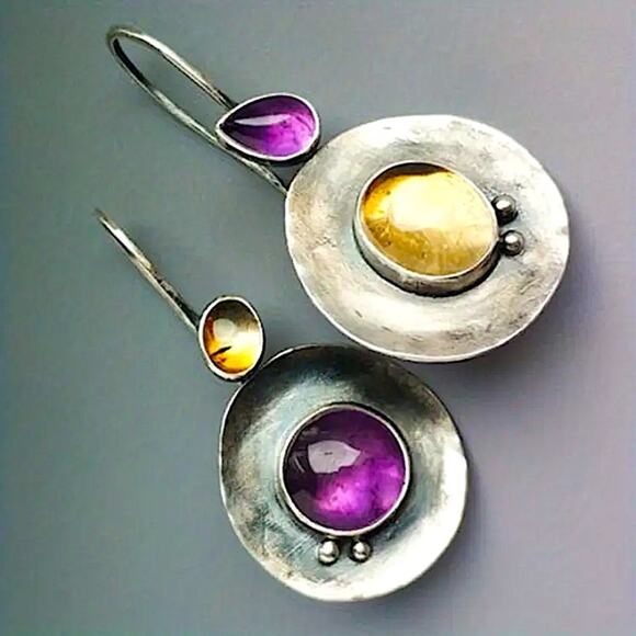 Tribal Silver with Purple, Citrine Stone Dangle Earrings Vintage Bohemian Boho - Picture 1 of 2